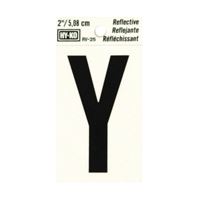 Hy-Ko RV-25/Y Reflective Letter, Character: Y, 2 in H Character, Black Character, Silver Background, Vinyl, Pack of 10 