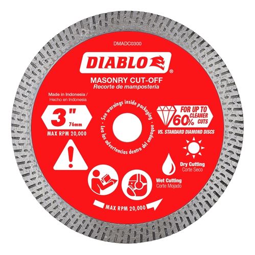 Diablo DMADC0300 Cut-Off Disc, 3 in Dia, 1.3 mm Thick, 3/8 in Arbor, Diamond Abrasive