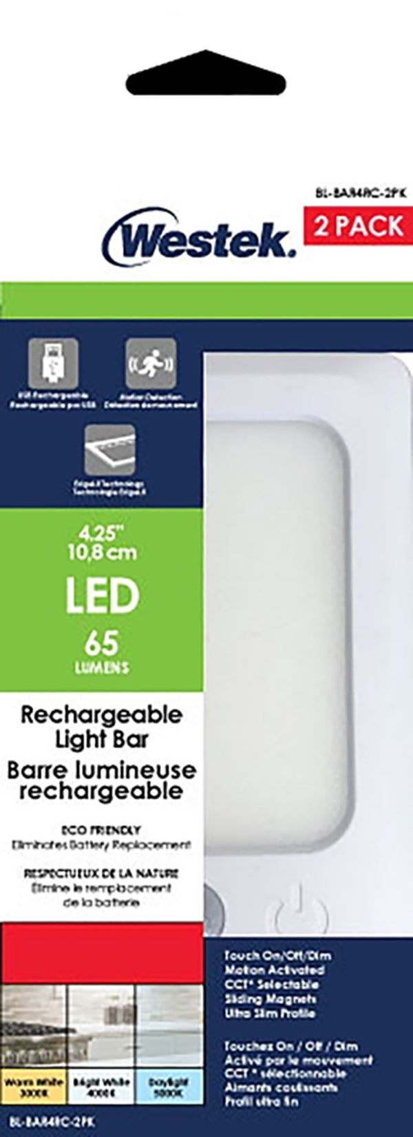 Westek BL-BAR4RC-2PK Rechargeable Bar Light, 5 V, Lithium-Ion Battery, LED Lamp, 60, 65, 60 Lumens, White