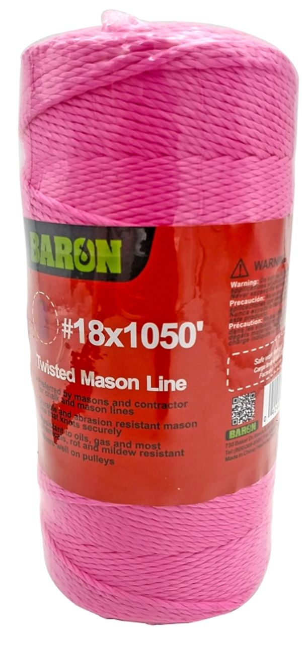 BARON 10819 Mason Line, #18 Dia, 1050 ft L, 13 lb Working Load, Polypropylene, Pink