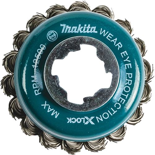Makita X-LOCK D-72578 Wire Cup Brush, 3-1/8 in Dia, Knot Bristle, 0.02 in Dia Bristle, Stainless Steel Bristle