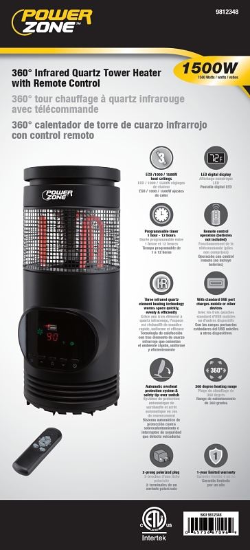 PowerZone HT1167 360 deg Infrared Quartz Tower Heater with Remote Control, 12.5 A, 120 V, ECO/1000/1500W W, Black - VORG9812348