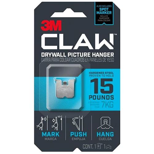 3M CLAW 3PH15M-1ES Drywall Picture Hanger, 15 lb, Steel, Push-In Mounting  4 Pack