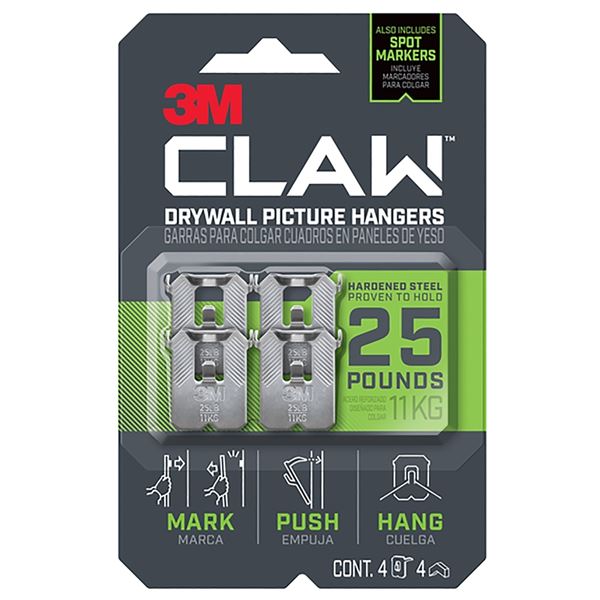 3M CLAW 3PH25M-4ES Drywall Picture Hanger, 25 lb, Steel, Push-In Mounting  4 Pack