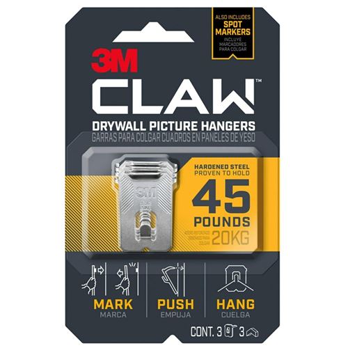 3M CLAW 3PH45M-3ES Drywall Picture Hanger, 45 lb, Steel, Push-In Mounting  4 Pack