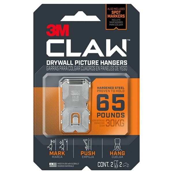 3M CLAW 3PH65M-2ES Picture Hanger, 65 lb, Steel, 1/8 in Projection, Wall Mounting