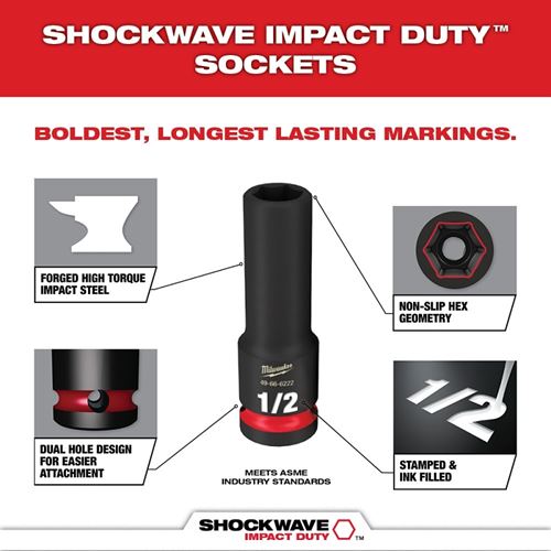 Milwaukee SHOCKWAVE Impact Duty Series 49-66-6802 Socket Set, Chrome Molybdenum Steel, Specifications: 1/2 in Drive