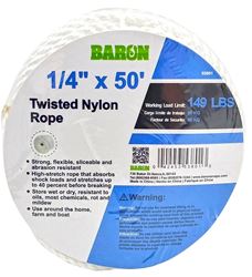 BARON 53801 Rope, 1/4 in Dia, 50 ft L, 149 lb Working Load, Nylon, White