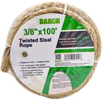 BARON 53012 Rope, 3/8 in Dia, 100 ft L, 87 lb Working Load, Sisal, Natural
