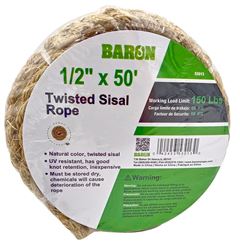 BARON 53013 Utility Rope, 1/2 in Dia, 50 ft L, 248 lb Working Load, Sisal