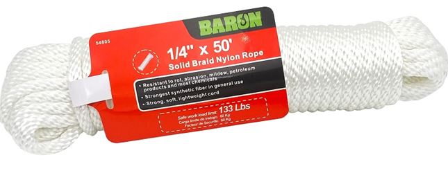 BARON 54805 Rope, 1/4 in Dia, 50 ft L, 90 lb Working Load, Nylon, White
