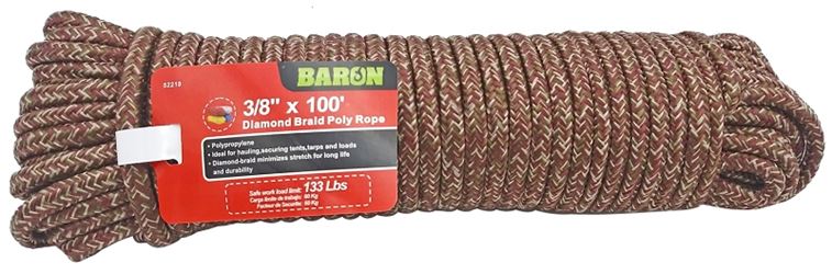BARON 52219 Rope, 3/8 in Dia, 100 ft L, 133 lb Working Load, Polypropylene, Camo