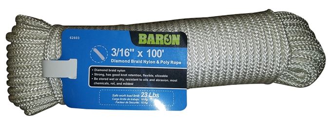 BARON 62603 Rope, 3/16 in Dia, 100 ft L, 70 lb Working Load, Nylon, White