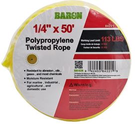 BARON 84221 Rope, 1/4 in Dia, 50 ft L, 113 lb Working Load, Polypropylene, Yellow