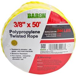 BARON 84223 Rope, 3/8 in Dia, 50 ft L, Polypropylene, Yellow
