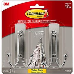 Command 17036BN-2ES Large Decorative Hook, 4 lb, 2-Hook, Metal/Plastic, Brushed Nickel  