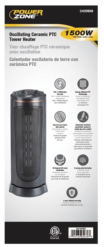 PowerZone HPQ15A-M Ceramic Tower Heater, 12.5 A, 120 V, 900/1500 W, 1500W Heating, 2-Heat Setting, Black - VORG2420958