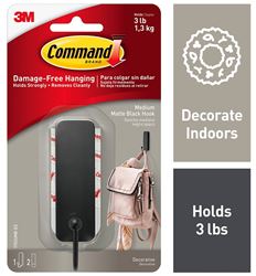 Command 17034MB-ES Medium Decorative Hook, 1 in W, Metal/Plastic, Matte, 3 lb 4 Pack 