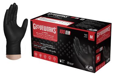 Gloveworks GWBN44100 Heavy-Duty Disposable Gloves, M, Nitrile, Powder-Free, Black, 9-1/2 in L 