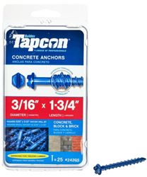 Tapcon 24205 Concrete Screw Anchor, 3/16 in Dia, 1-3/4 in L, Steel, Climaseal 