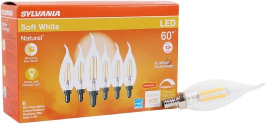 Sylvania TruWave Series 40773 LED Bulb B10 Lamp, B10 Lamp, 60 W Equivalent, E12 Candelabra Lamp Base, Dimmable, Clear 