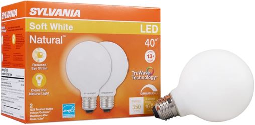 Sylvania 40765 Natural LED Bulb, Globe, G25 Lamp, 40 W Equivalent, E26 Lamp Base, Dimmable, Frosted, Soft White Light 
