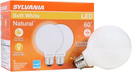 Sylvania 40767 Natural LED Bulb, Globe, G25 Lamp, 60 W Equivalent, E26 Lamp Base, Dimmable, Frosted, Soft White Light 