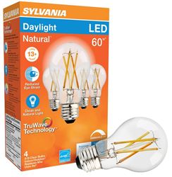 Sylvania 49827 Natural LED Bulb, General Purpose, A19 Lamp, 60 W Equivalent, E26 Lamp Base, Dimmable, Clear 