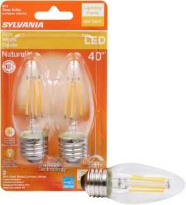 Sylvania 40793 Natural LED Bulb, Decorative, B10 Blunt Tip Lamp, 40 W Equivalent, E26 Lamp Base, Dimmable, Clear 