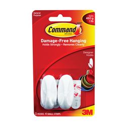 Command 17082 Designer Hook, 1/4 in Opening, 1 lb, 2-Hook, Plastic, White 6 Pack 