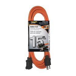 PowerZone OR501615 Extension Cord, 16 AWG Cable, Grounded Plug, Grounded Receptacle, 15 ft L, 13 A, 125 V, Orange 