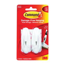 Command 17068 Wire Hook, 0.3 in Opening, 3 lb, 2-Hook, Metal/Plastic, White 