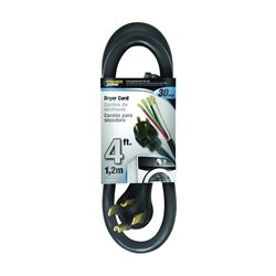 PowerZone ORD100404 Power Supply Dryer Cord, 10 AWG Cable, 4 ft L, 30 A, 250 V, Black 