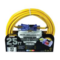 PowerZone Extension Cord, 14 AWG Cable, 25 ft L, 15 A, 125 V, Yellow 