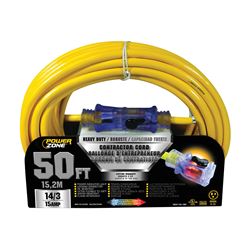 PowerZone Contractor Cord, 14 AWG Cable, 50 ft L, 15 A, 125 V, Yellow 