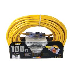 PowerZone Contractor Cord, 14 AWG Cable, 100 ft L, 13 A, 125 V, Yellow 