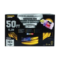 PowerZone ORP511930 Contractor Cord, 10 AWG Cable, 50 ft L, 15 A, 125 V, Yellow 