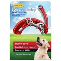 RuffinIt 29450 Tie-Out Cable with Dog Trolley, Swivel Snap End, 10 ft, Steel, Red, For: Dogs up to 100 lb 