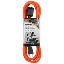 PowerZone OR481608 Outdoor Extension Cord, 16 AWG Wire, 8 ft L, Orange Sheath 