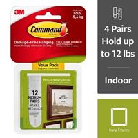 Command 17204-12ES Medium Picture Hanging Strip, 3/4 in W, 2-3/4 in L, Foam Backing, White, 3 lb 4 Pack 
