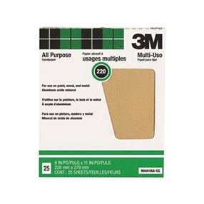 3M 99401NA-CC Sandpaper, 11 in L, 9 in W, Extra Fine, 220 Grit, Aluminum Oxide Abrasive, Paper Backing