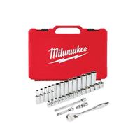 Milwaukee 48-22-9508 Ratchet and Socket Set, Alloy Steel, Chrome, Specifications: 3/8 in Drive Size, Metric Measurement 