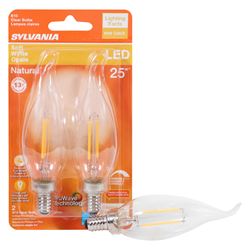Sylvania 40854 Natural LED Bulb, Decorative, B10 Bent Tip Lamp, 25 W Equivalent, E12 Lamp Base, Dimmable, Clear 