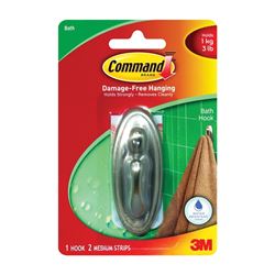 Command 17051BN-B Decorative Hook, 3 lb, 1-Hook, Plastic, Silver, Brushed Nickel 