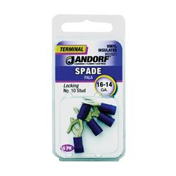 Jandorf 60921 Spade Terminal, 600 V, 16 to 14 AWG Wire, #10 Stud, Vinyl Insulation, Copper Contact, Blue 