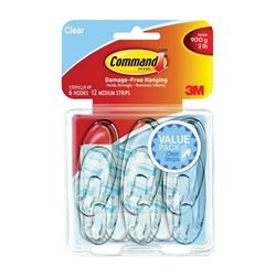 Command 17091CLR-VP Adhesive Hook, 2 lb, 6-Hook, Plastic, Clear 2 Pack 