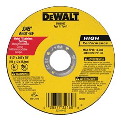DeWALT DW8062 Cutting Wheel, 4-1/2 in Dia, 0.045 in Thick, 7/8 in Arbor, Very Fine, Aluminum Oxide Abrasive 