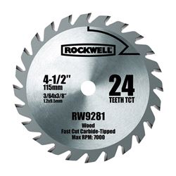 Rockwell RW9281 Circular Saw Blade, 4-1/2 in Dia, 3/8 in Arbor, 24-Teeth, Tungsten Carbide Cutting Edge 
