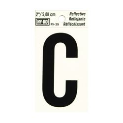 Hy-Ko RV-25/C Reflective Letter, Character: C, 2 in H Character, Black Character, Silver Background, Vinyl, Pack of 10 