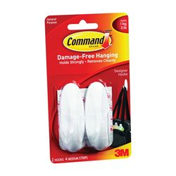 Command 17081-2VP Designer Hook, 3 lb, 4-Hook, Plastic, White 
